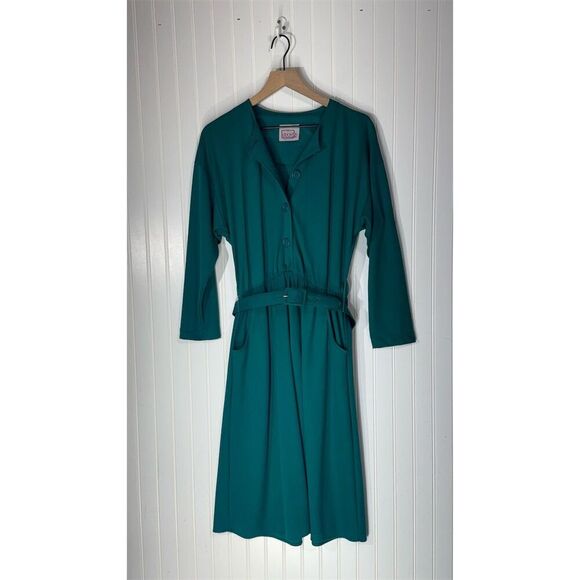 Vintage 80s Teal Belted Midi Dress Made in USA – California Looks Cottagecore M - Picture 1 of 6